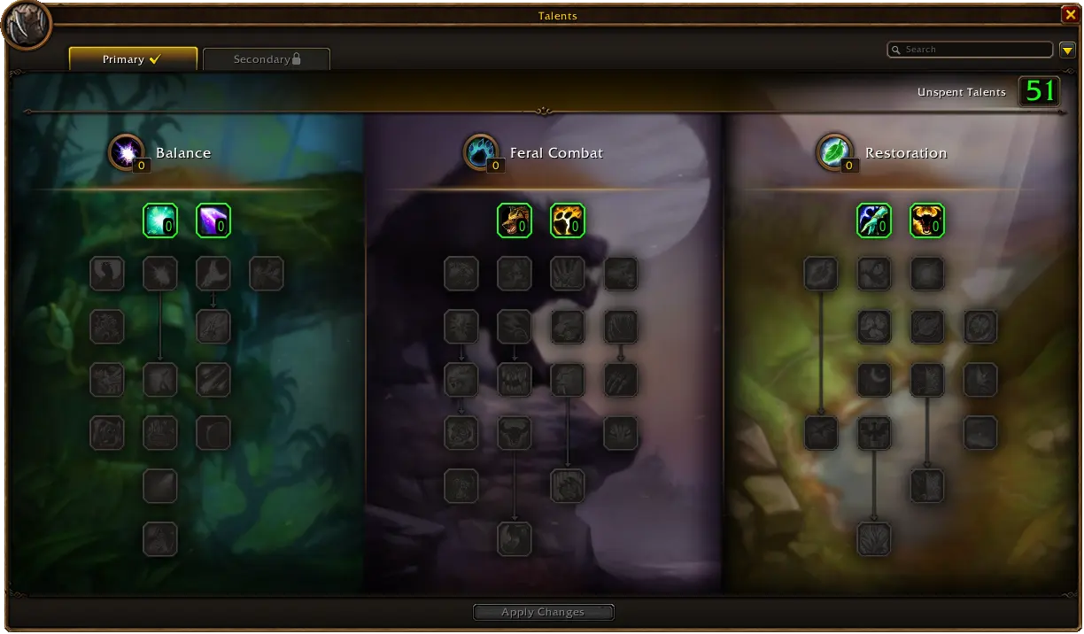 Oficiálny Blizzard záber talentových stromov Balance, Feral Combat a Restoration vo WoW Forever