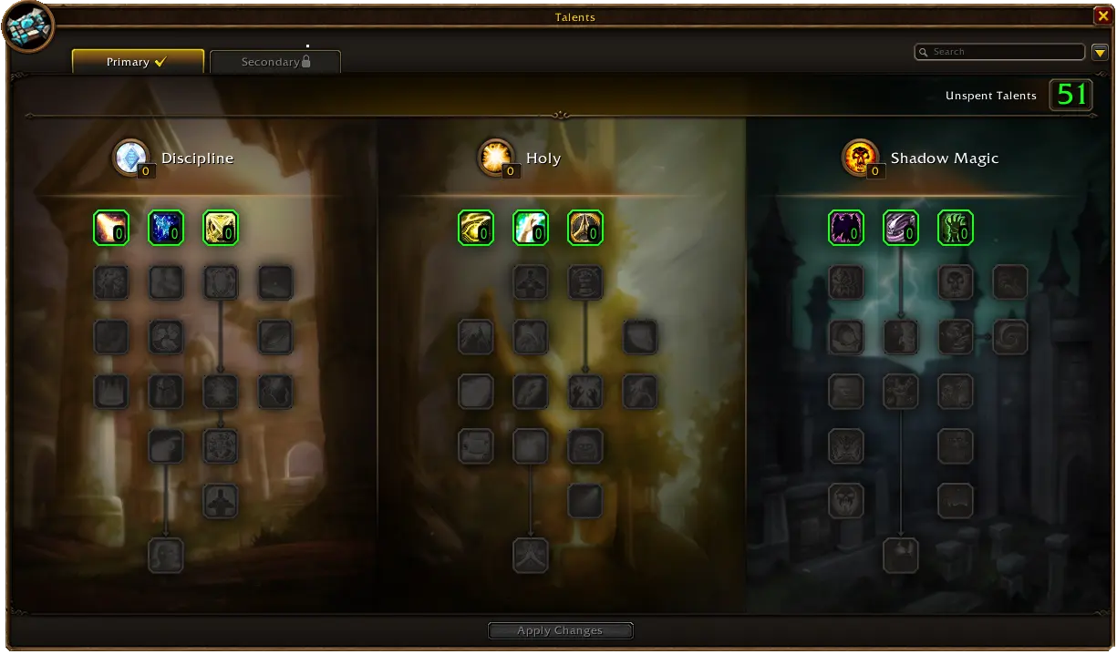 Oficiálny Blizzard záber talentových stromov Discipline, Holy a Shadow Magic vo WoW Forever