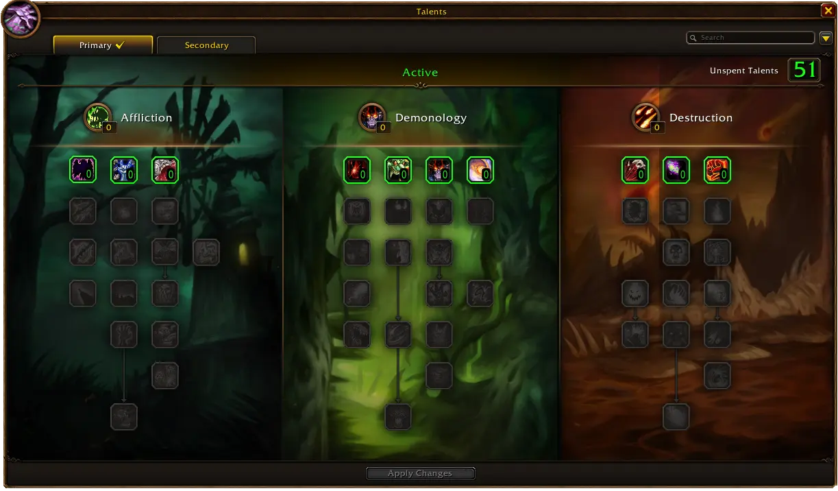 Oficiálna Blizzard ukážka talentových stromov Warlock vo WoW Forever