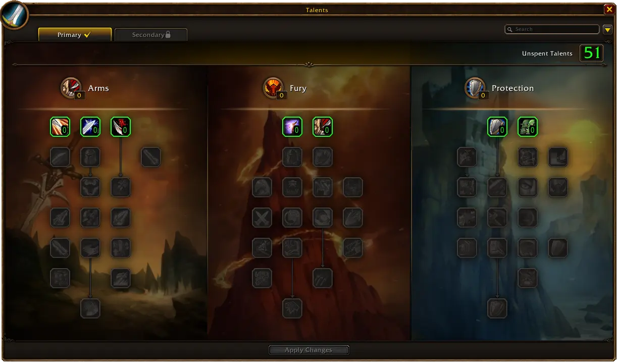 Oficiálny Blizzard záber talentových stromov Arms, Fury a Protection vo WoW Forever