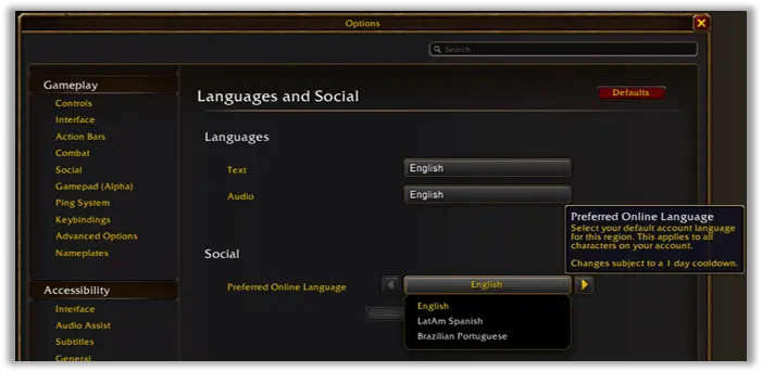 Oficiálna ukážka nastavenia jazykovej preferencie vo WoW Forever